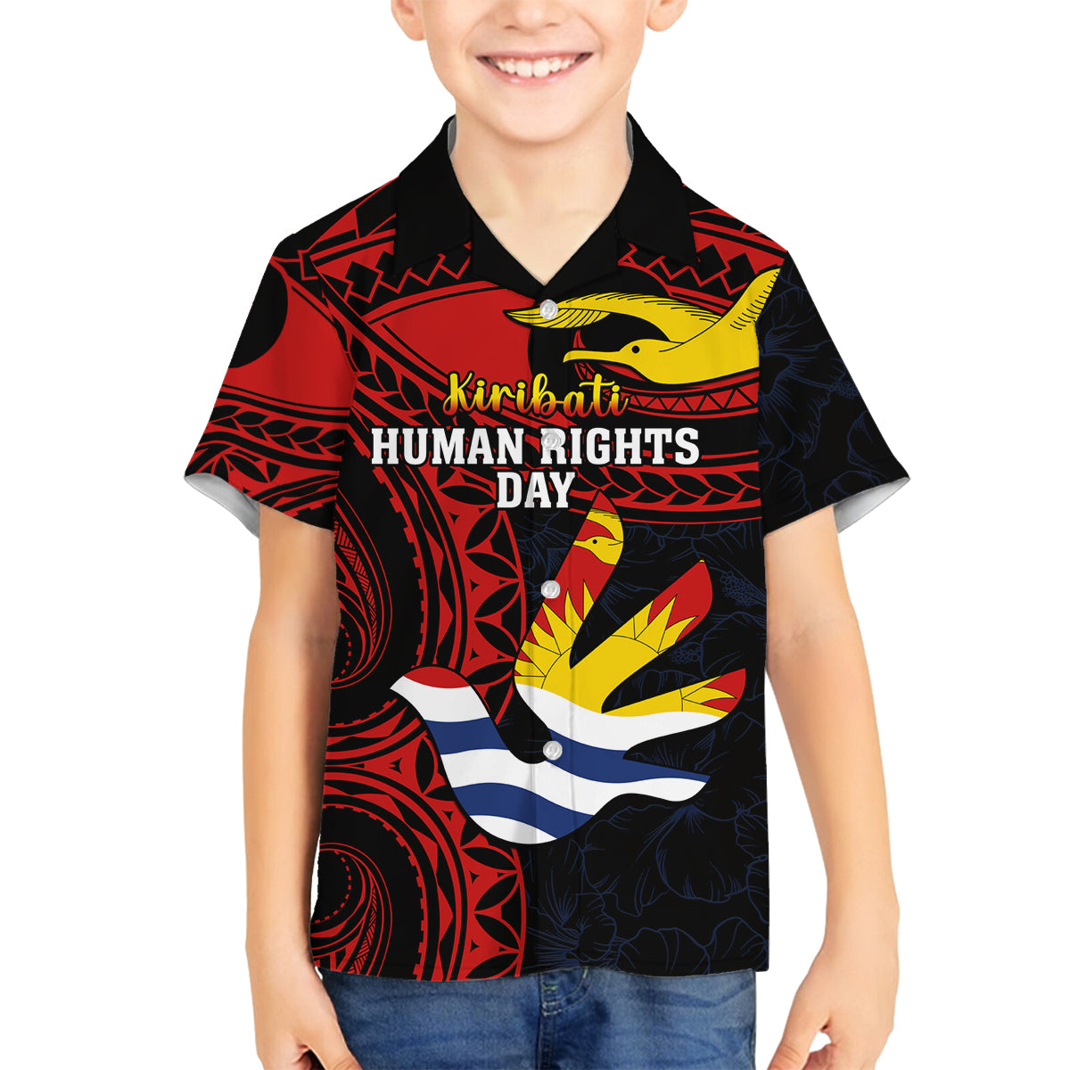 Personalised Kiribati Human Rights Day Family Matching Off Shoulder Short Dress and Hawaiian Shirt Coat Of Arms With Polynesian Tropical Flowers LT14 Son's Shirt Black - Polynesian Pride