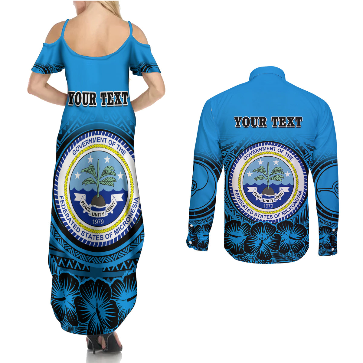 Personalised Yap Constitution Day Couples Matching Summer Maxi Dress and Long Sleeve Button Shirt FSM Seal Happy 24 December LT14 - Polynesian Pride