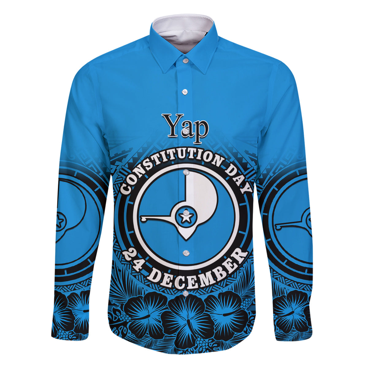 Personalised Yap Constitution Day Family Matching Off Shoulder Long Sleeve Dress and Hawaiian Shirt FSM Seal Happy 24 December LT14 Dad's Shirt - Long Sleeve Blue - Polynesian Pride