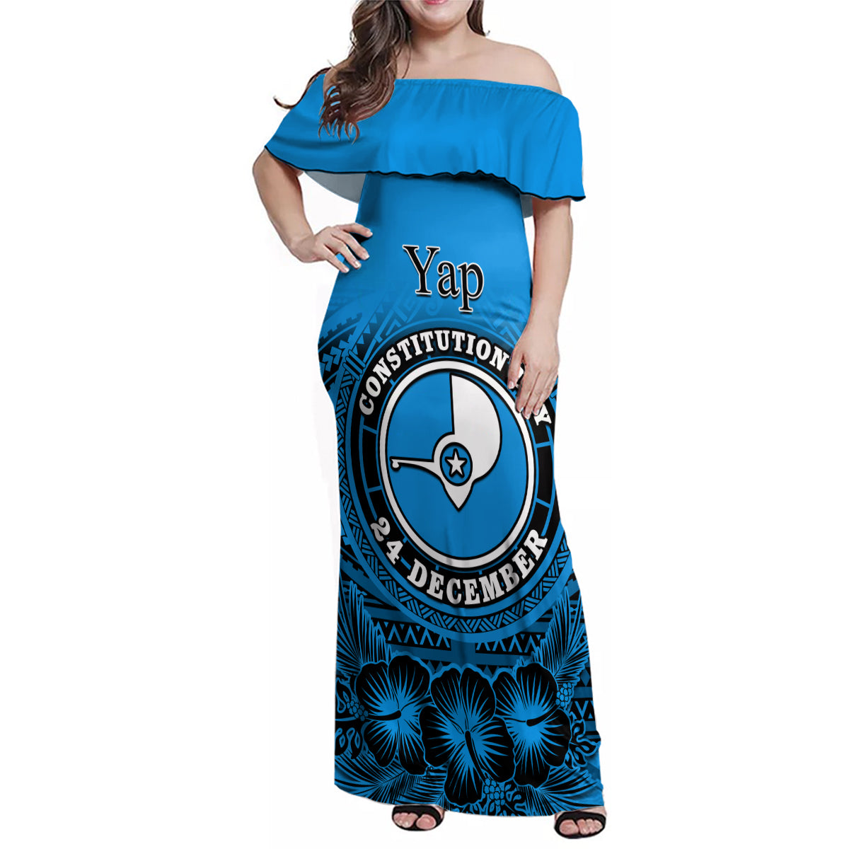 Personalised Yap Constitution Day Family Matching Off Shoulder Maxi Dress and Hawaiian Shirt FSM Seal Happy 24 December LT14 Mom's Dress Blue - Polynesian Pride