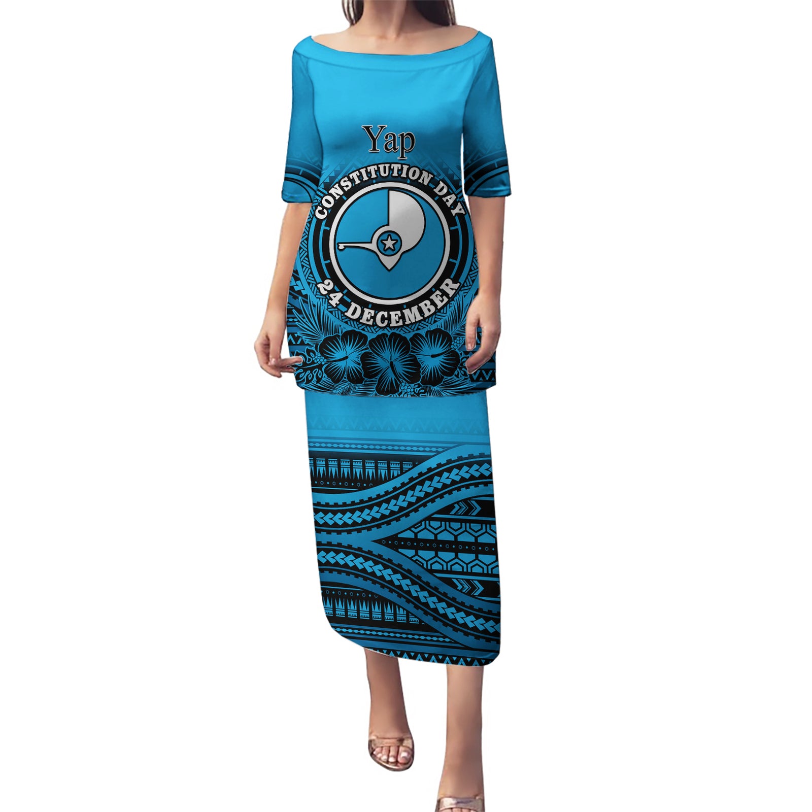 Personalised Yap Constitution Day Puletasi FSM Seal Happy 24 December LT14 Long Dress Blue - Polynesian Pride
