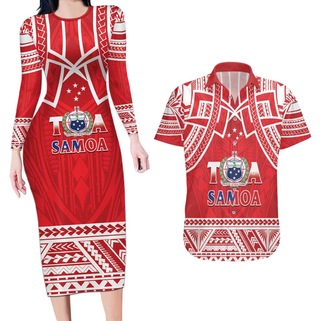 Samoa Rugby Custom Couples Matching Long Sleeve Bodycon Dress and Hawaiian Shirt Toa Samoa Pacific Sporty Red - Polynesian Pride