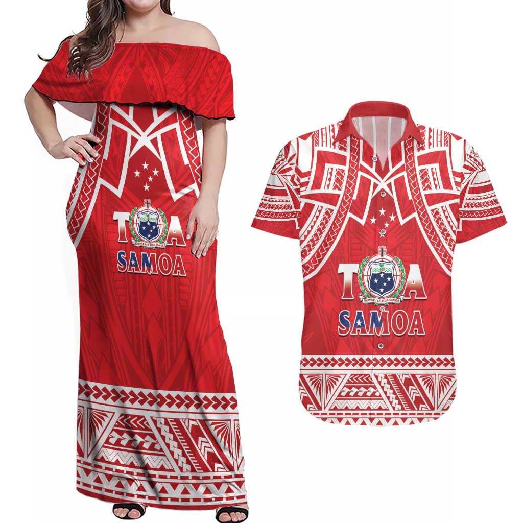 Samoa Rugby Custom Couples Matching Off Shoulder Maxi Dress and Hawaiian Shirt Toa Samoa Pacific Sporty Red - Polynesian Pride