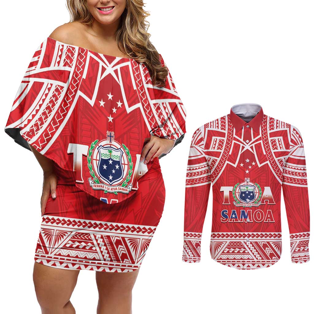 Samoa Rugby Custom Couples Matching Off Shoulder Short Dress and Long Sleeve Button Shirt Toa Samoa Pacific Sporty Red - Polynesian Pride