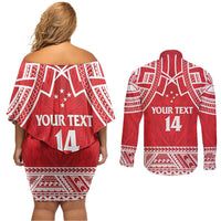 Samoa Rugby Custom Couples Matching Off Shoulder Short Dress and Long Sleeve Button Shirt Toa Samoa Pacific Sporty Red - Polynesian Pride