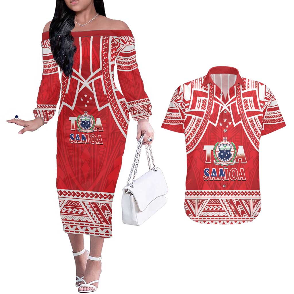 Samoa Rugby Custom Couples Matching Off The Shoulder Long Sleeve Dress and Hawaiian Shirt Toa Samoa Pacific Sporty Red - Polynesian Pride