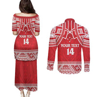 Samoa Rugby Custom Couples Matching Puletasi and Long Sleeve Button Shirt Toa Samoa Pacific Sporty Red - Polynesian Pride