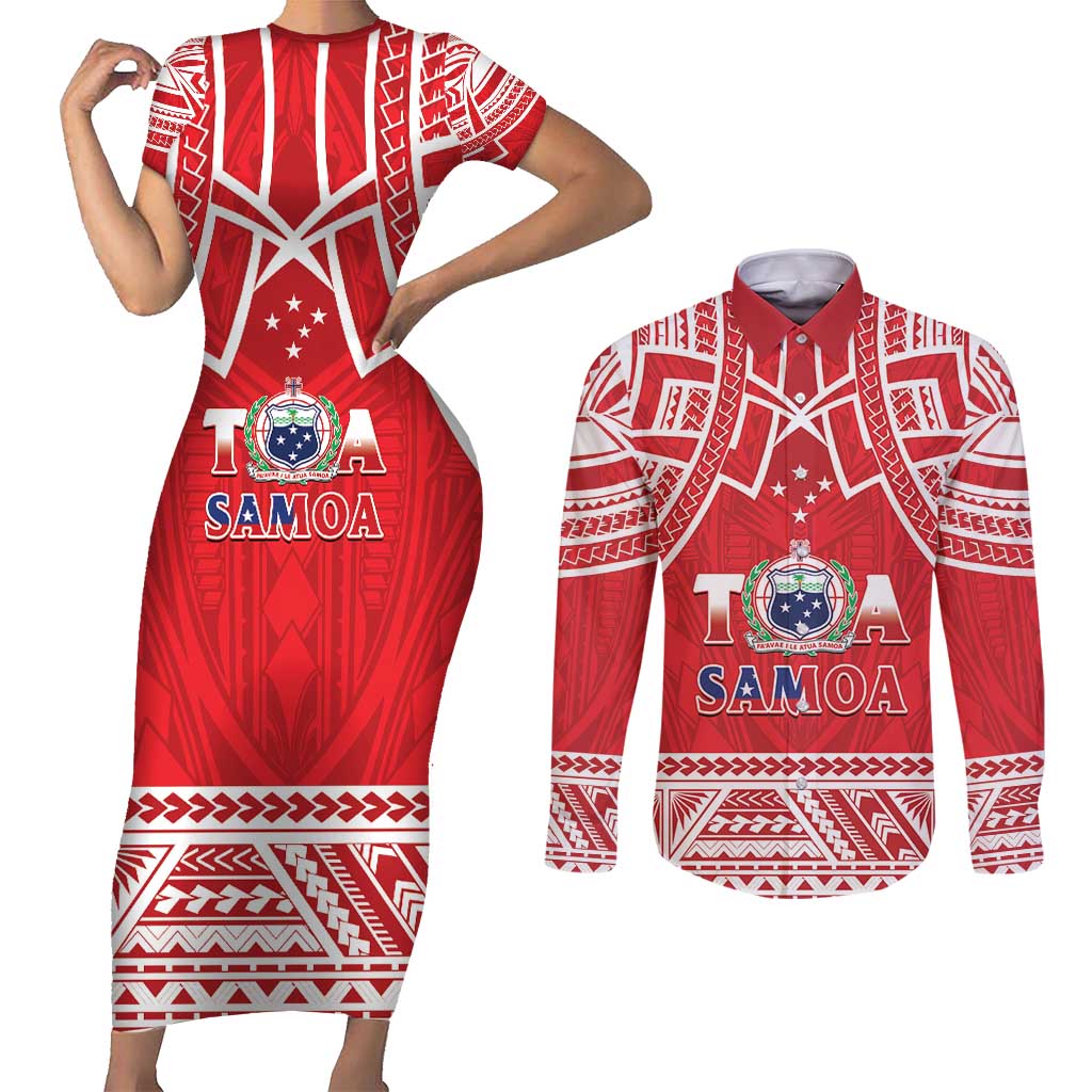Samoa Rugby Custom Couples Matching Short Sleeve Bodycon Dress and Long Sleeve Button Shirt Toa Samoa Pacific Sporty Red - Polynesian Pride