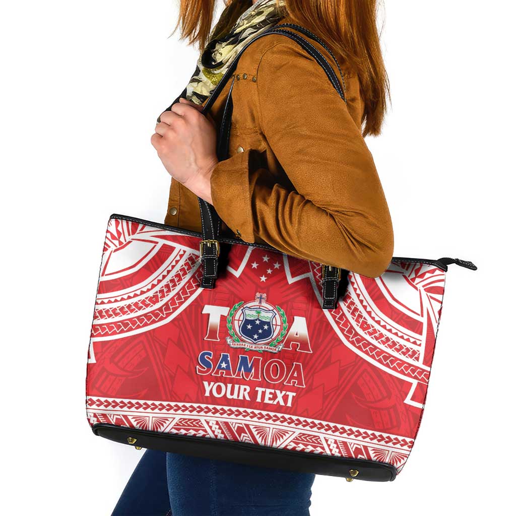 Samoa Rugby Custom Leather Tote Bag Toa Samoa Pacific Sporty Red - Polynesian Pride