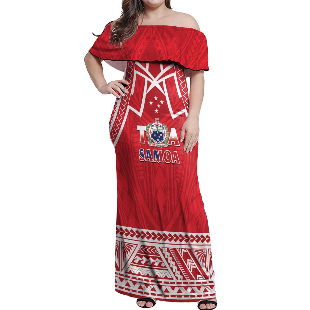 Samoa Rugby Custom Off Shoulder Maxi Dress Toa Samoa Pacific Sporty Red - Polynesian Pride
