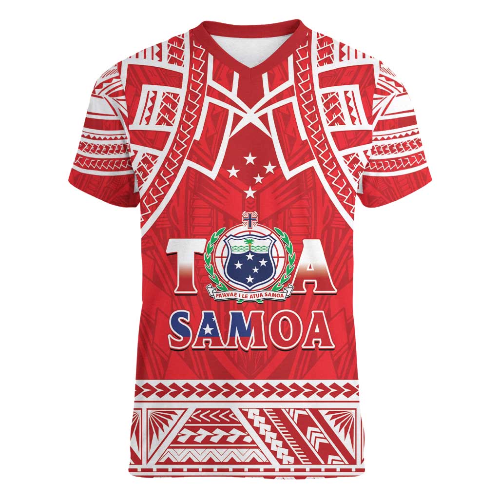 Samoa Rugby Custom Women V-Neck T-Shirt Toa Samoa Pacific Sporty Red - Polynesian Pride