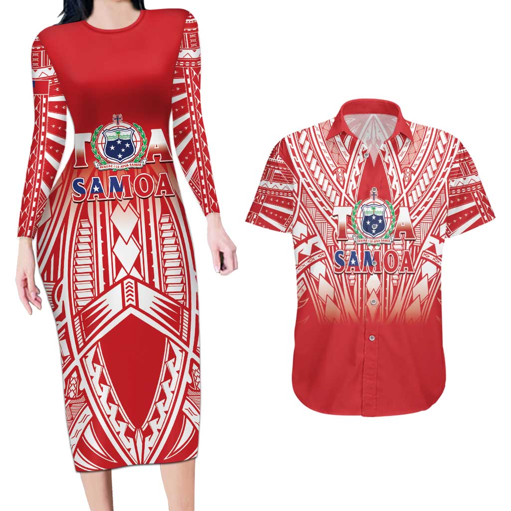 Toa Samoa Rugby Custom Couples Matching Long Sleeve Bodycon Dress and Hawaiian Shirt Samoa mo Samoa Polynesian Pacific Red - Polynesian Pride
