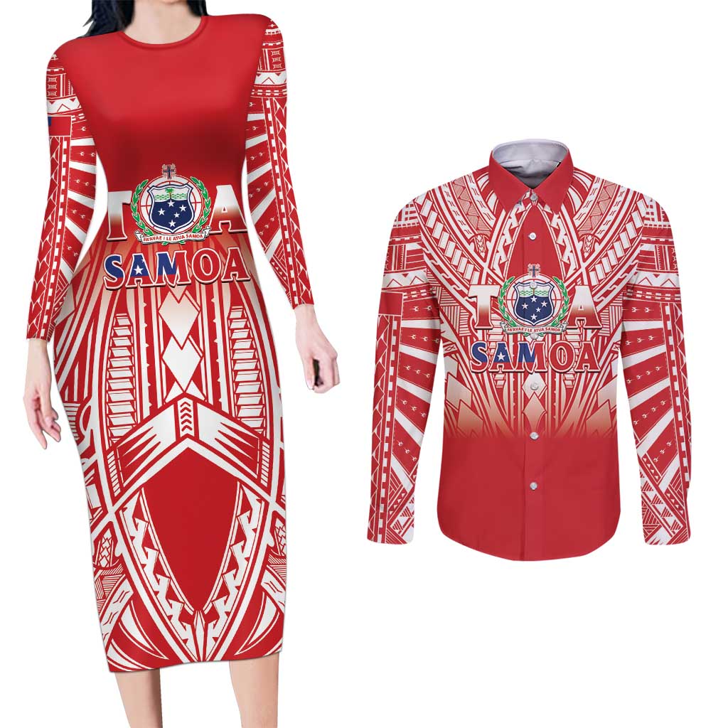 Toa Samoa Rugby Custom Couples Matching Long Sleeve Bodycon Dress and Long Sleeve Button Shirt Samoa mo Samoa Polynesian Pacific Red - Polynesian Pride