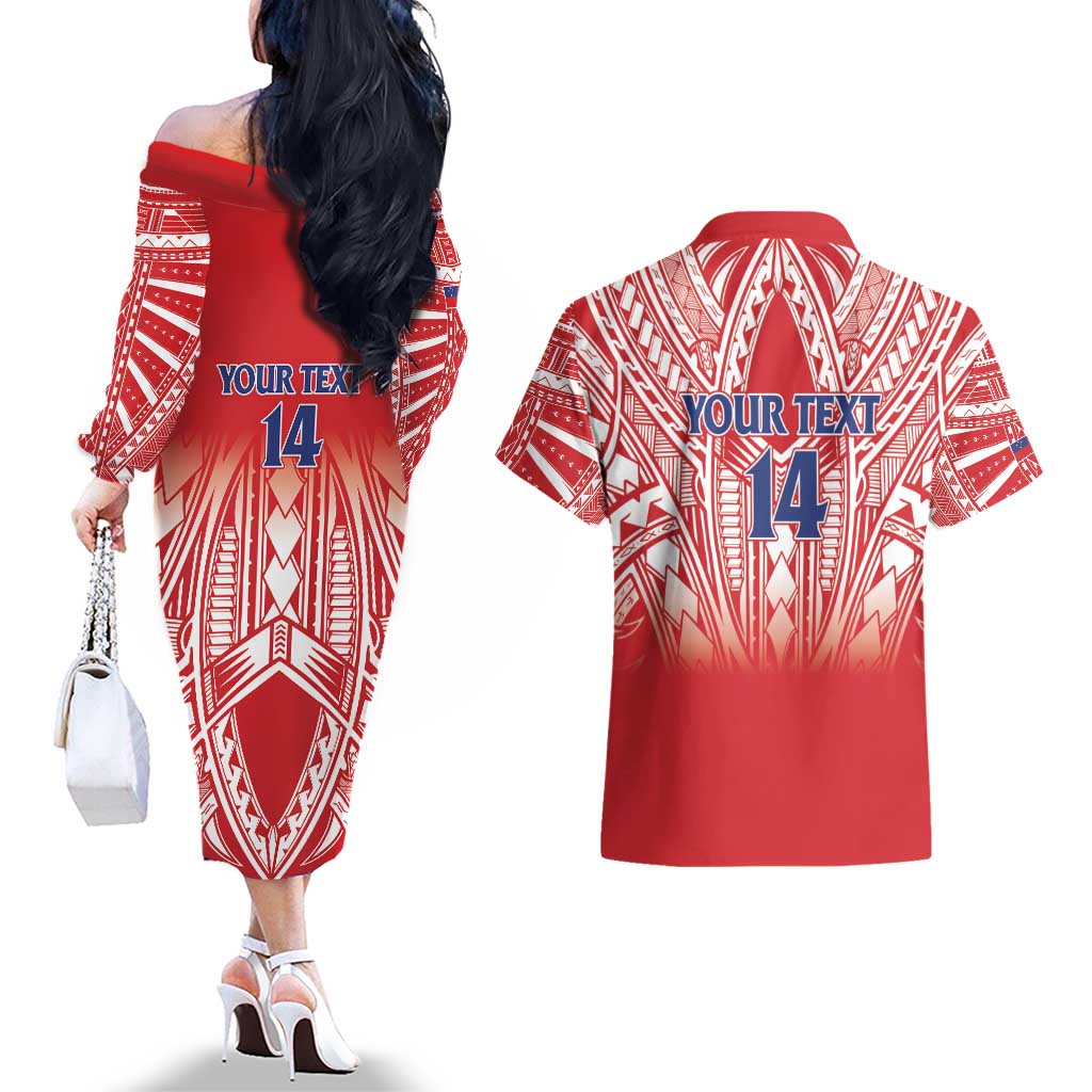 Toa Samoa Rugby Custom Couples Matching Off The Shoulder Long Sleeve Dress and Hawaiian Shirt Samoa mo Samoa Polynesian Pacific Red - Polynesian Pride