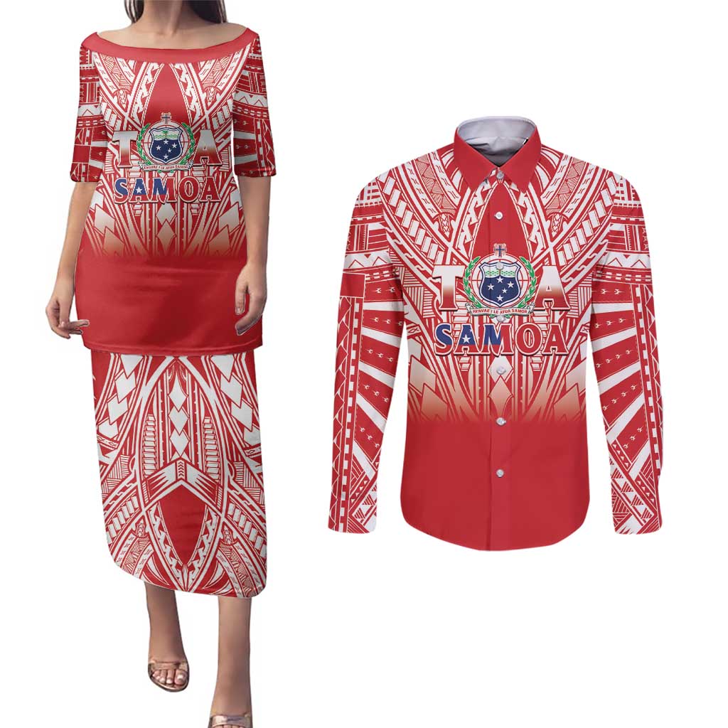 Toa Samoa Rugby Custom Couples Matching Puletasi and Long Sleeve Button Shirt Samoa mo Samoa Polynesian Pacific Red - Polynesian Pride