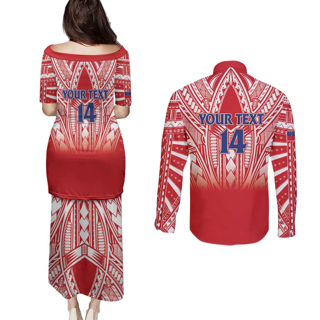 Toa Samoa Rugby Custom Couples Matching Puletasi and Long Sleeve Button Shirt Samoa mo Samoa Polynesian Pacific Red - Polynesian Pride