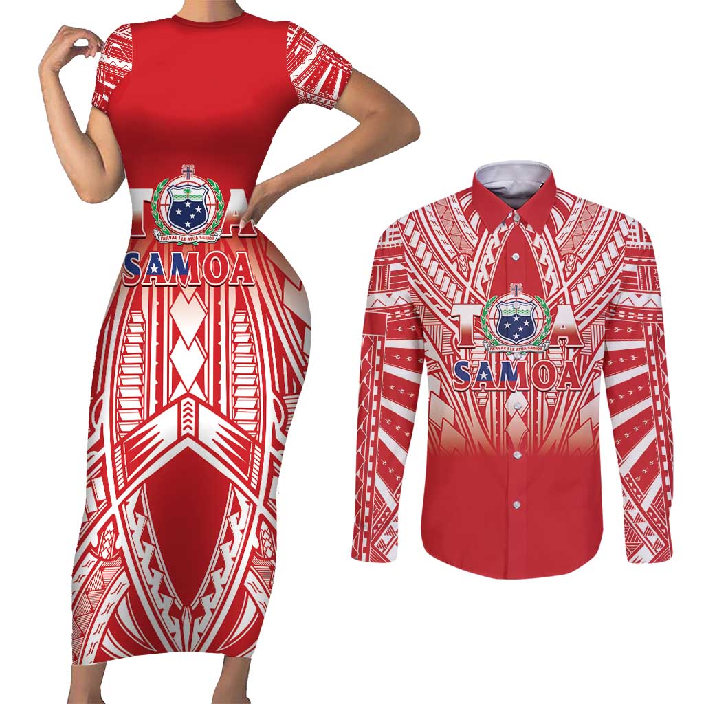 Toa Samoa Rugby Custom Couples Matching Short Sleeve Bodycon Dress and Long Sleeve Button Shirt Samoa mo Samoa Polynesian Pacific Red - Polynesian Pride