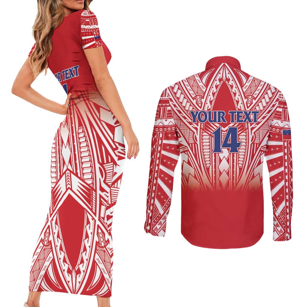 Toa Samoa Rugby Custom Couples Matching Short Sleeve Bodycon Dress and Long Sleeve Button Shirt Samoa mo Samoa Polynesian Pacific Red - Polynesian Pride