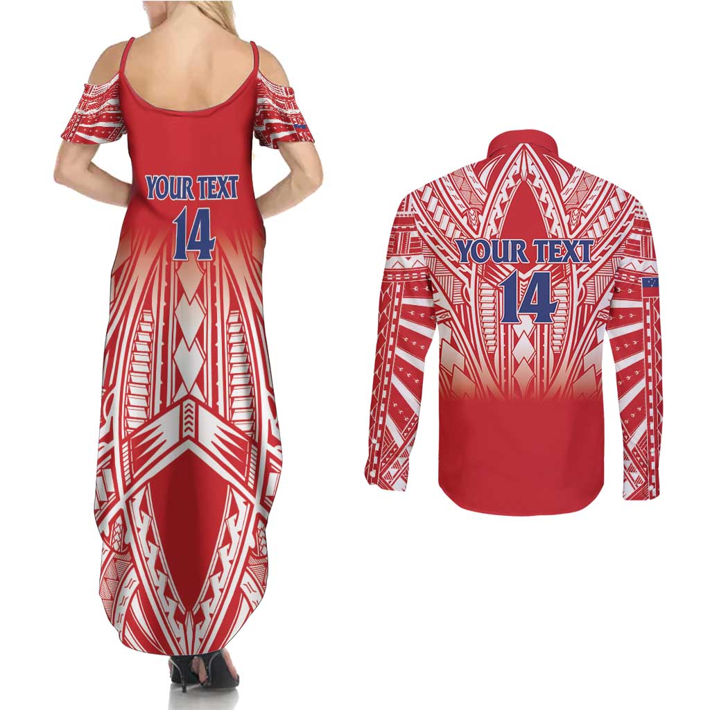 Toa Samoa Rugby Custom Couples Matching Summer Maxi Dress and Long Sleeve Button Shirt Samoa mo Samoa Polynesian Pacific Red - Polynesian Pride