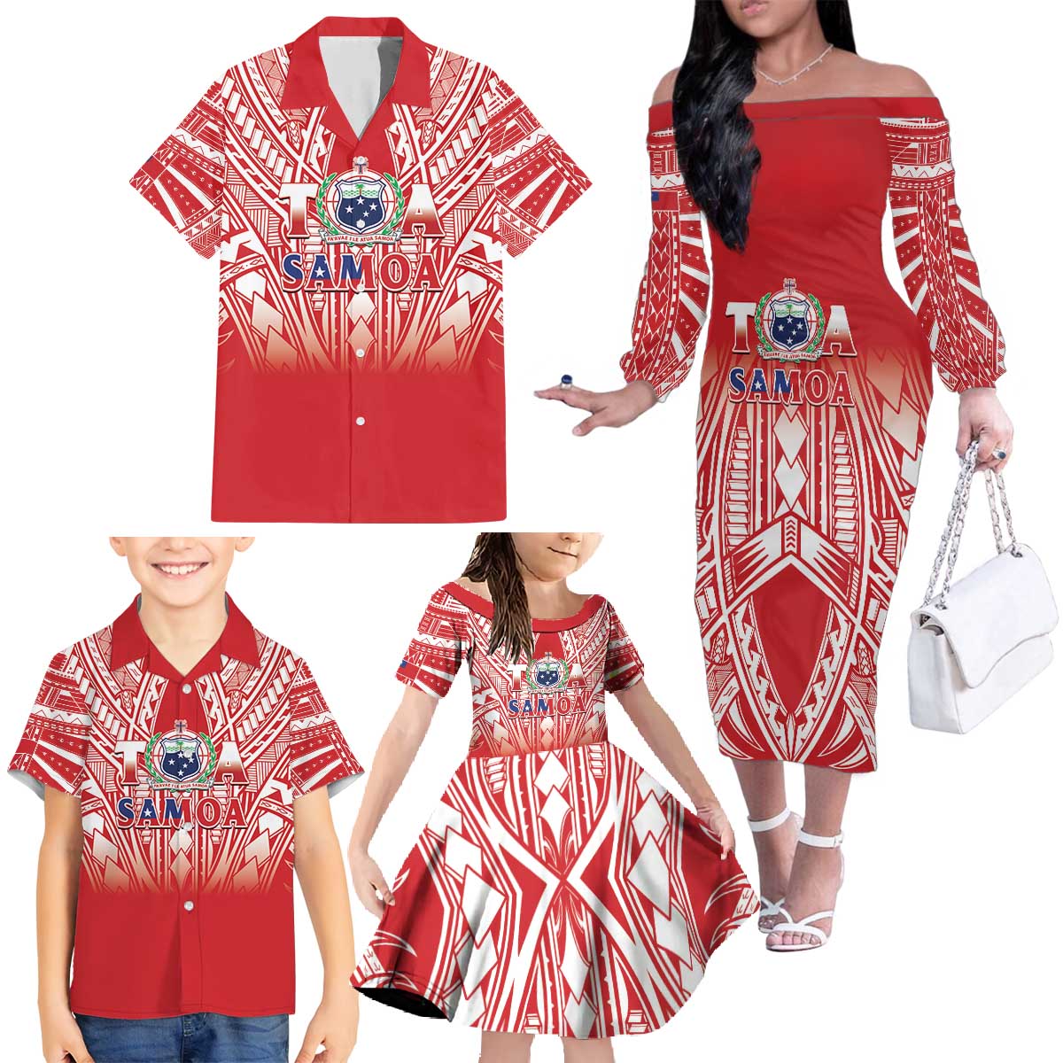 Toa Samoa Rugby Custom Family Matching Off The Shoulder Long Sleeve Dress and Hawaiian Shirt Samoa mo Samoa Polynesian Pacific Red - Polynesian Pride
