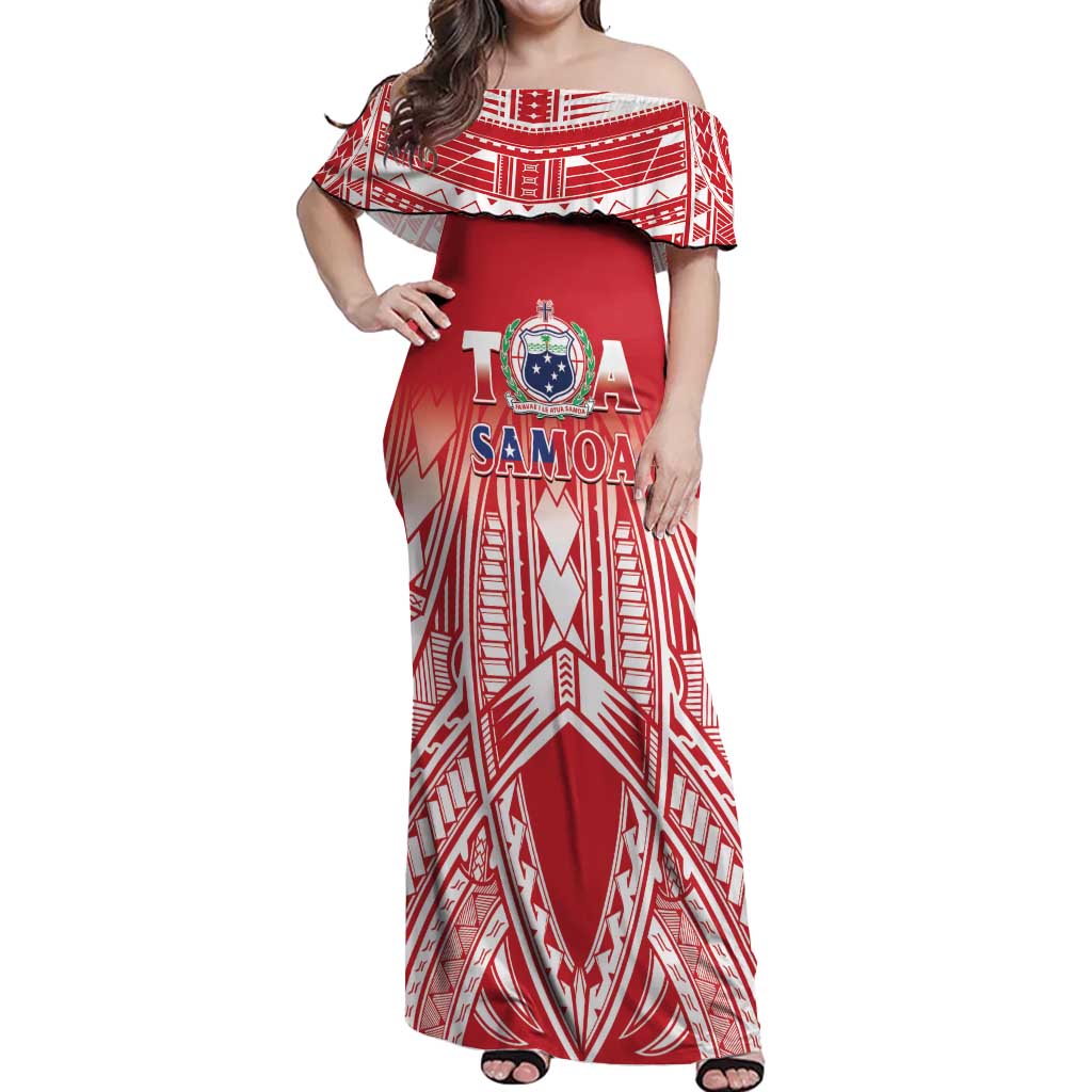Toa Samoa Rugby Custom Off Shoulder Maxi Dress Samoa mo Samoa Polynesian Pacific Red - Polynesian Pride