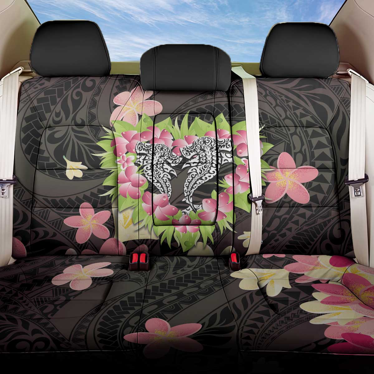 Polynesia Valentine's Day Back Car Seat Cover Hammerhead Shark Plumeria With Polynesian Pattern