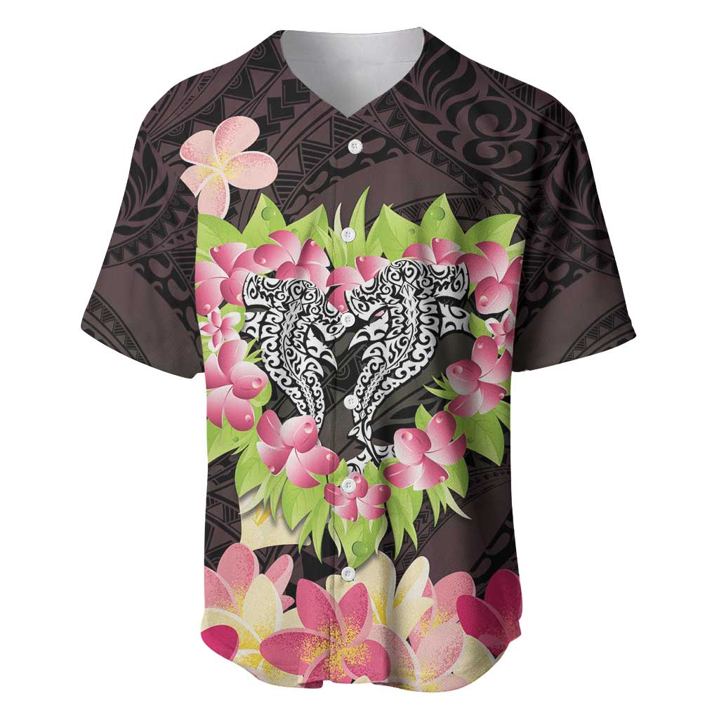 Polynesia Valentine's Day Baseball Jersey Hammerhead Shark Plumeria With Polynesian Pattern LT14 Black - Polynesian Pride