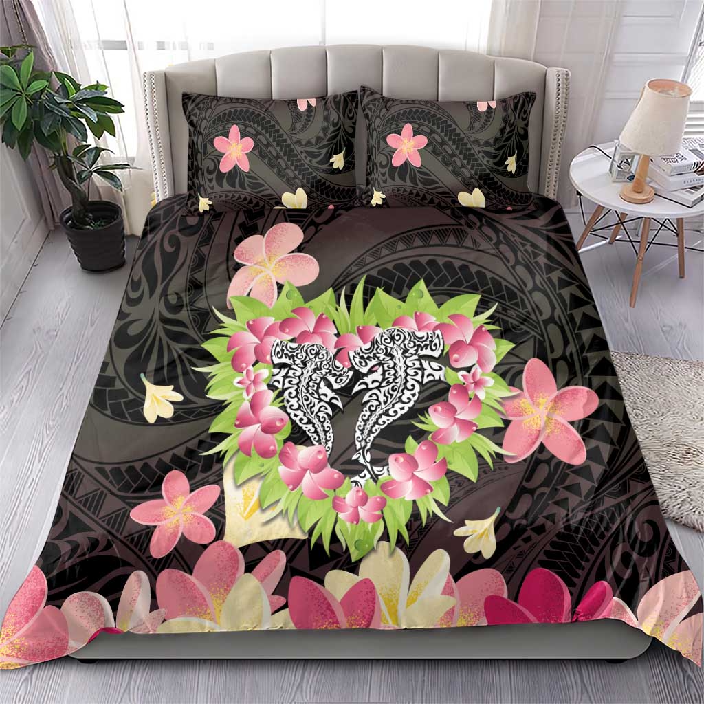 Polynesia Valentine's Day Bedding Set Hammerhead Shark Plumeria With Polynesian Pattern