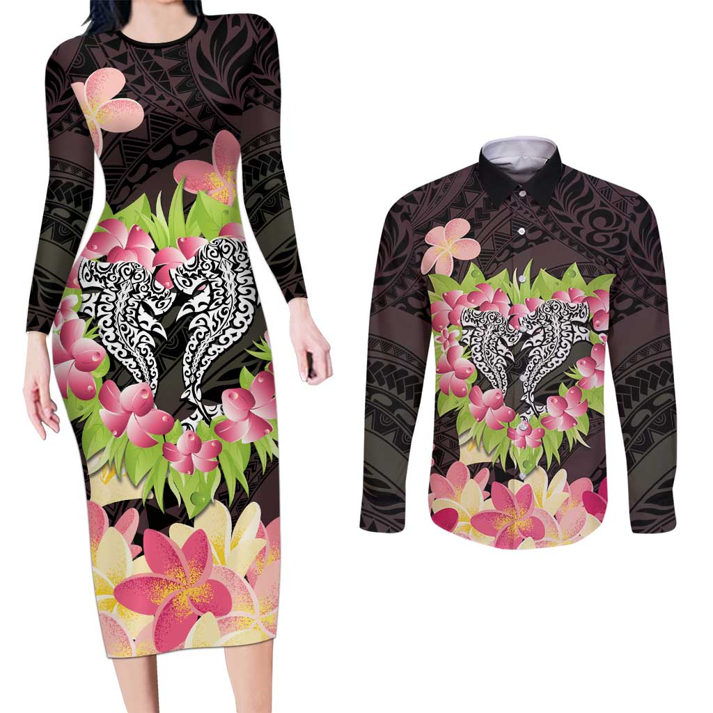 Polynesia Valentine's Day Couples Matching Long Sleeve Bodycon Dress and Long Sleeve Button Shirt Hammerhead Shark Plumeria With Polynesian Pattern LT14 Black - Polynesian Pride