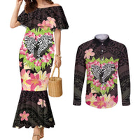 Polynesia Valentine's Day Couples Matching Mermaid Dress and Long Sleeve Button Shirt Hammerhead Shark Plumeria With Polynesian Pattern LT14 Black - Polynesian Pride