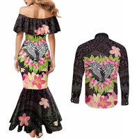 Polynesia Valentine's Day Couples Matching Mermaid Dress and Long Sleeve Button Shirt Hammerhead Shark Plumeria With Polynesian Pattern LT14 - Polynesian Pride