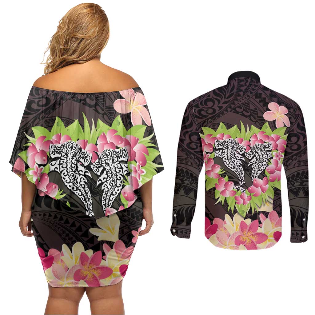 Polynesia Valentine's Day Couples Matching Off Shoulder Short Dress and Long Sleeve Button Shirt Hammerhead Shark Plumeria With Polynesian Pattern