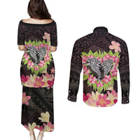 Polynesia Valentine's Day Couples Matching Puletasi and Long Sleeve Button Shirt Hammerhead Shark Plumeria With Polynesian Pattern