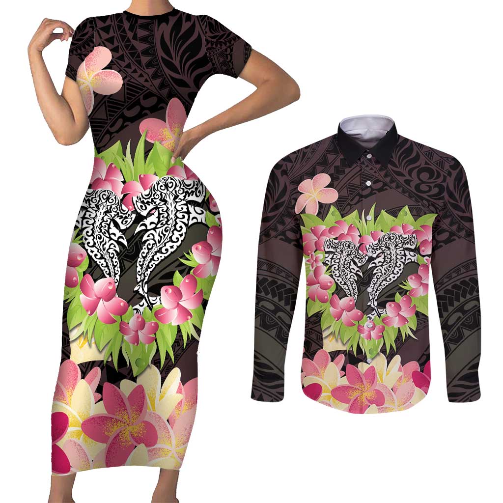 Polynesia Valentine's Day Couples Matching Short Sleeve Bodycon Dress and Long Sleeve Button Shirt Hammerhead Shark Plumeria With Polynesian Pattern LT14 Black - Polynesian Pride