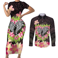 Polynesia Valentine's Day Couples Matching Short Sleeve Bodycon Dress and Long Sleeve Button Shirt Hammerhead Shark Plumeria With Polynesian Pattern
