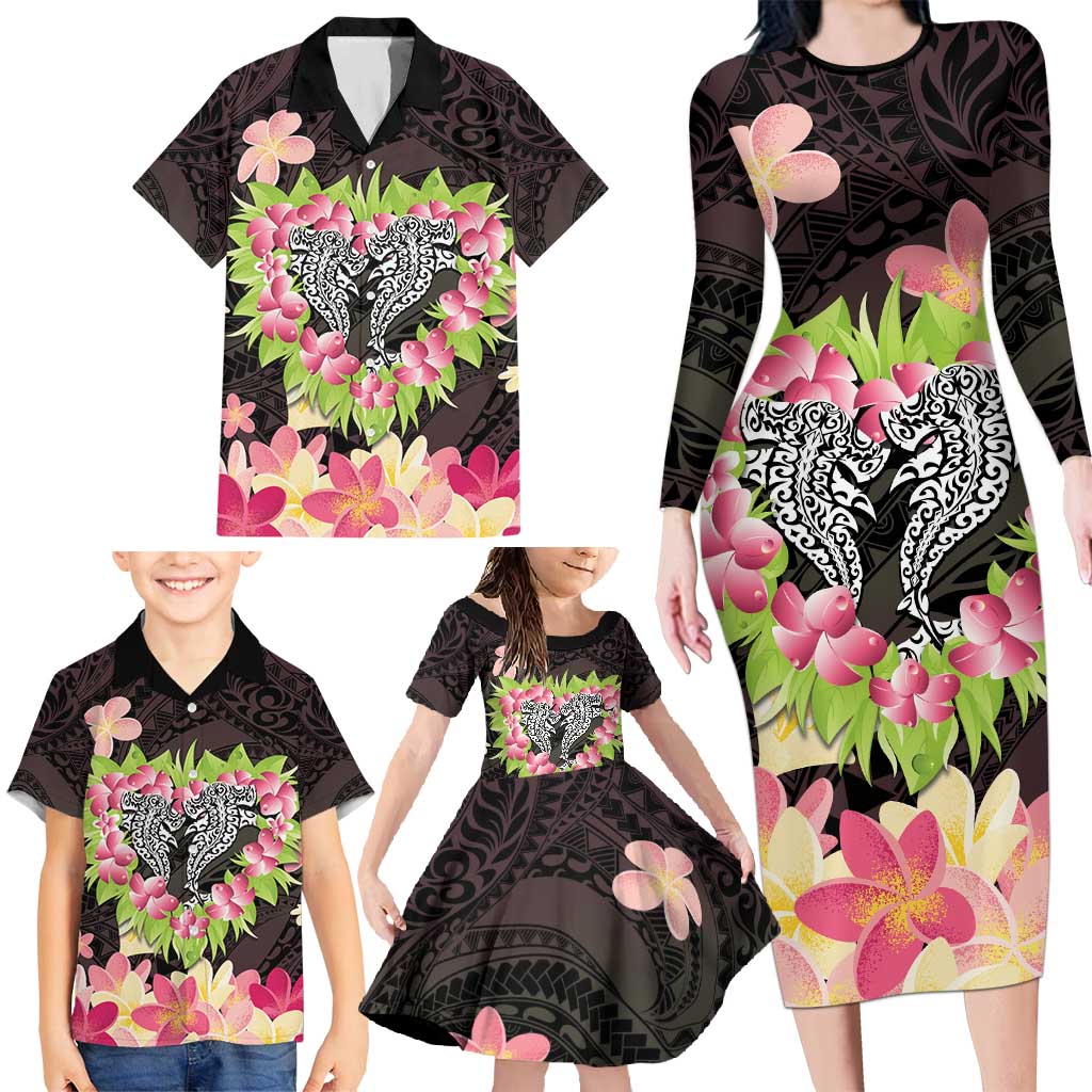 Polynesia Valentine's Day Family Matching Long Sleeve Bodycon Dress and Hawaiian Shirt Hammerhead Shark Plumeria With Polynesian Pattern LT14 - Polynesian Pride