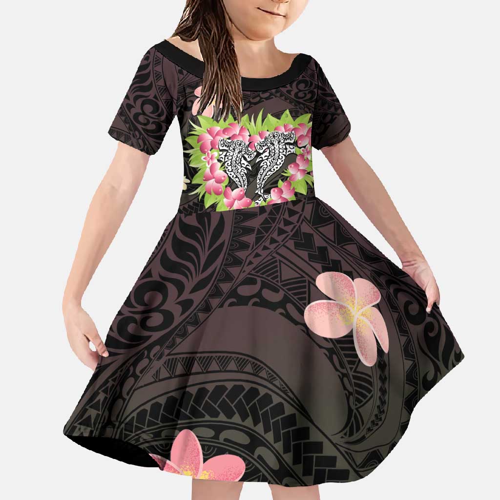 Polynesia Valentine's Day Family Matching Off Shoulder Maxi Dress and Hawaiian Shirt Hammerhead Shark Plumeria With Polynesian Pattern LT14 Daughter's Dress Black - Polynesian Pride