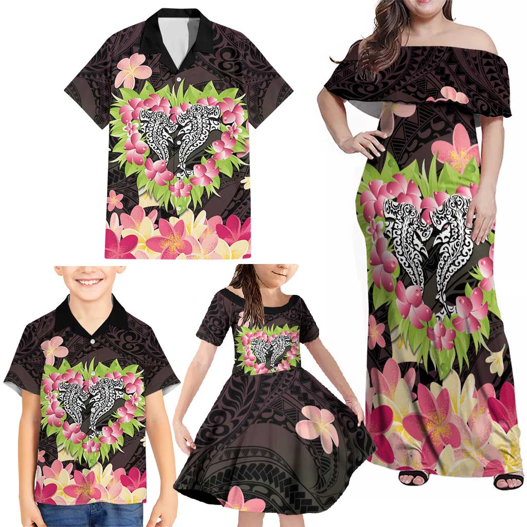 Polynesia Valentine's Day Family Matching Off Shoulder Maxi Dress and Hawaiian Shirt Hammerhead Shark Plumeria With Polynesian Pattern LT14 - Polynesian Pride