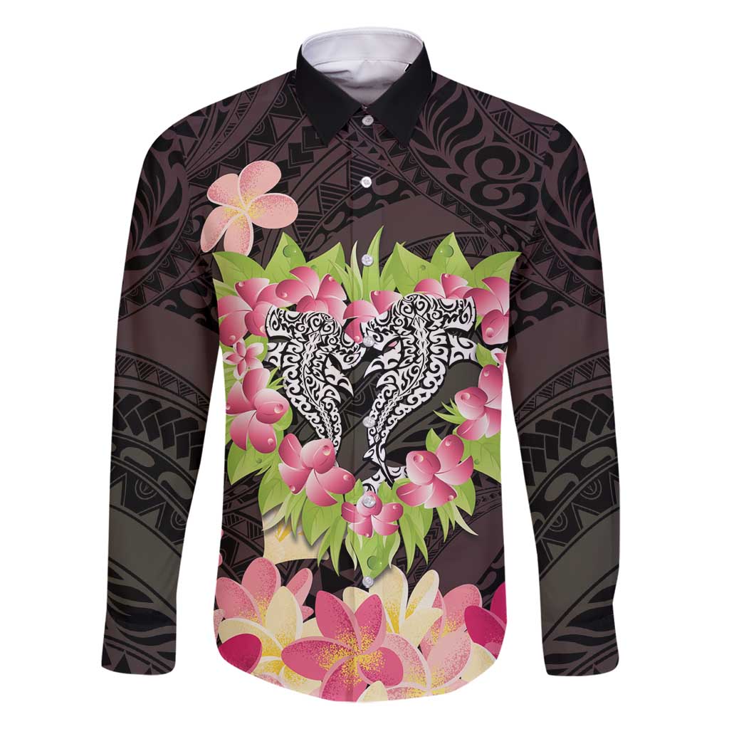 Polynesia Valentine's Day Family Matching Off Shoulder Maxi Dress and Hawaiian Shirt Hammerhead Shark Plumeria With Polynesian Pattern LT14 Dad's Shirt - Long Sleeve Black - Polynesian Pride