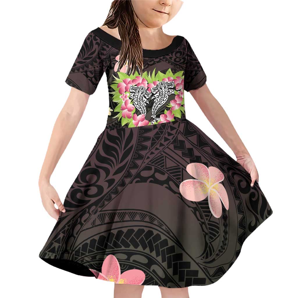 Polynesia Valentine's Day Family Matching Off Shoulder Short Dress and Hawaiian Shirt Hammerhead Shark Plumeria With Polynesian Pattern LT14 Daughter's Dress Black - Polynesian Pride