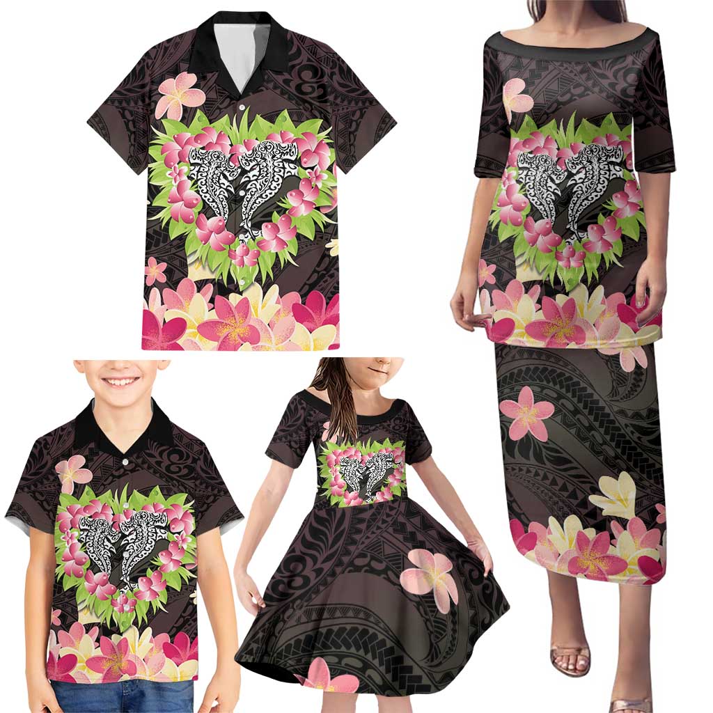 Polynesia Valentine's Day Family Matching Puletasi and Hawaiian Shirt Hammerhead Shark Plumeria With Polynesian Pattern LT14 - Polynesian Pride