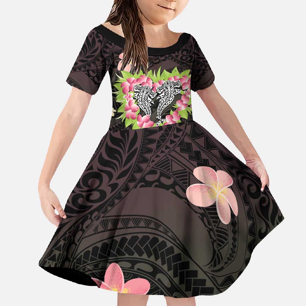 Polynesia Valentine's Day Family Matching Short Sleeve Bodycon Dress and Hawaiian Shirt Hammerhead Shark Plumeria With Polynesian Pattern LT14 Daughter's Dress Black - Polynesian Pride