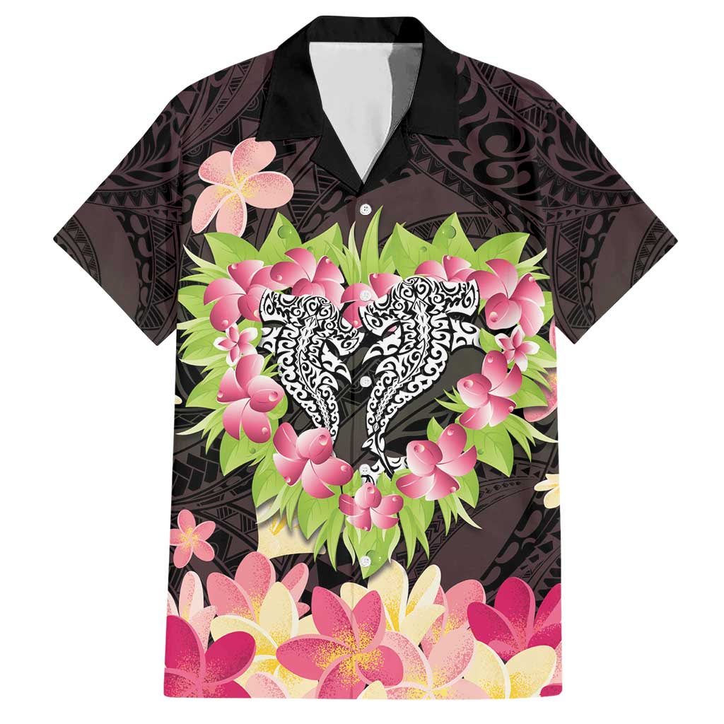 Polynesia Valentine's Day Family Matching Short Sleeve Bodycon Dress and Hawaiian Shirt Hammerhead Shark Plumeria With Polynesian Pattern LT14 Dad's Shirt - Short Sleeve Black - Polynesian Pride