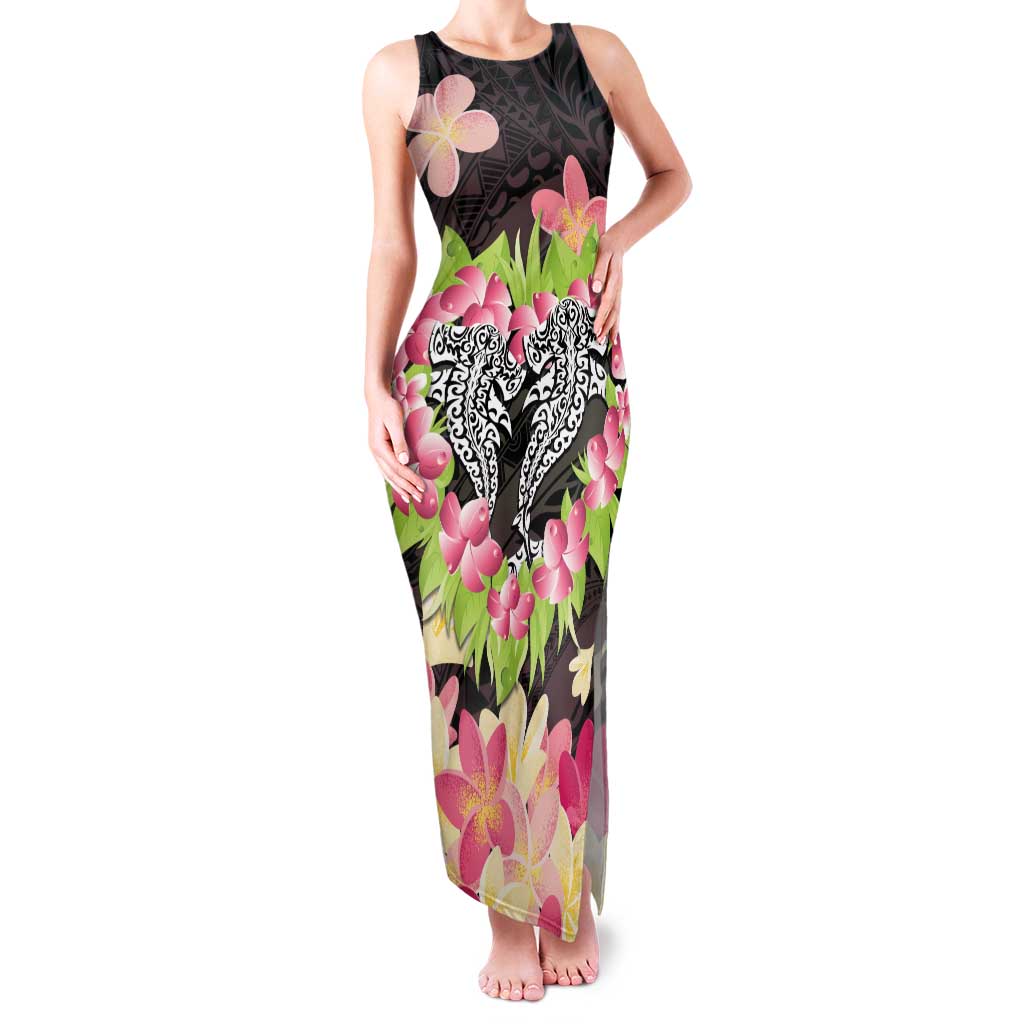 Polynesia Valentine's Day Family Matching Tank Maxi Dress and Hawaiian Shirt Hammerhead Shark Plumeria With Polynesian Pattern LT14 Mom's Dress Black - Polynesian Pride