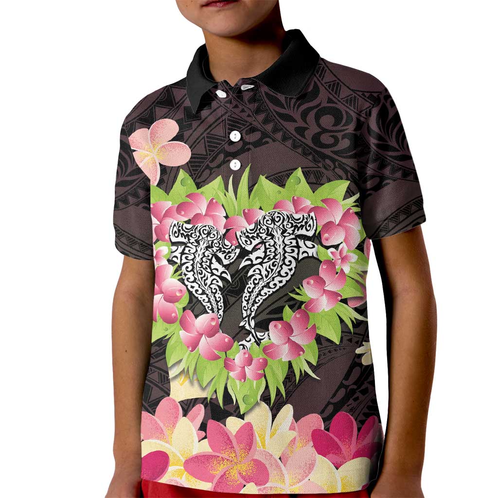 Polynesia Valentine's Day Kid Polo Shirt Hammerhead Shark Plumeria With Polynesian Pattern LT14 Kid Black - Polynesian Pride