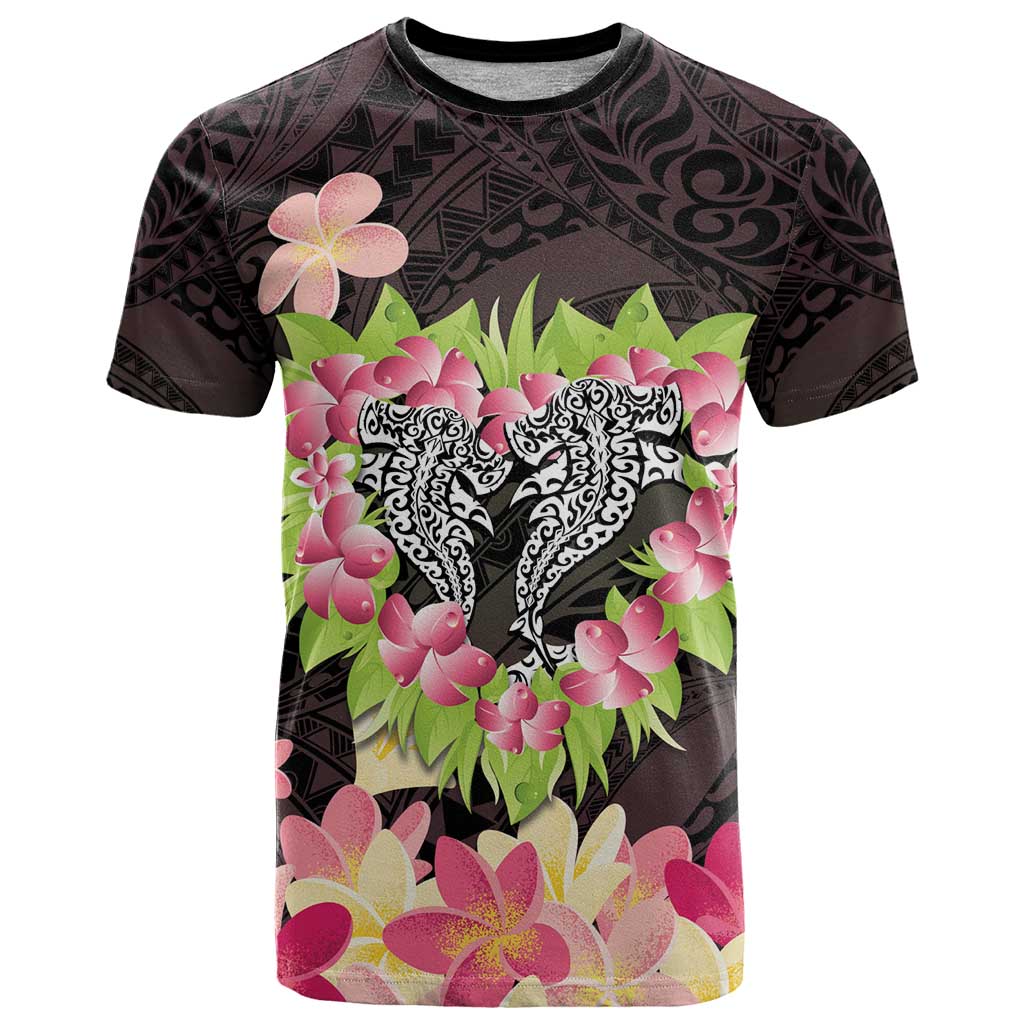 Polynesia Valentine's Day T Shirt Hammerhead Shark Plumeria With Polynesian Pattern LT14 Black - Polynesian Pride