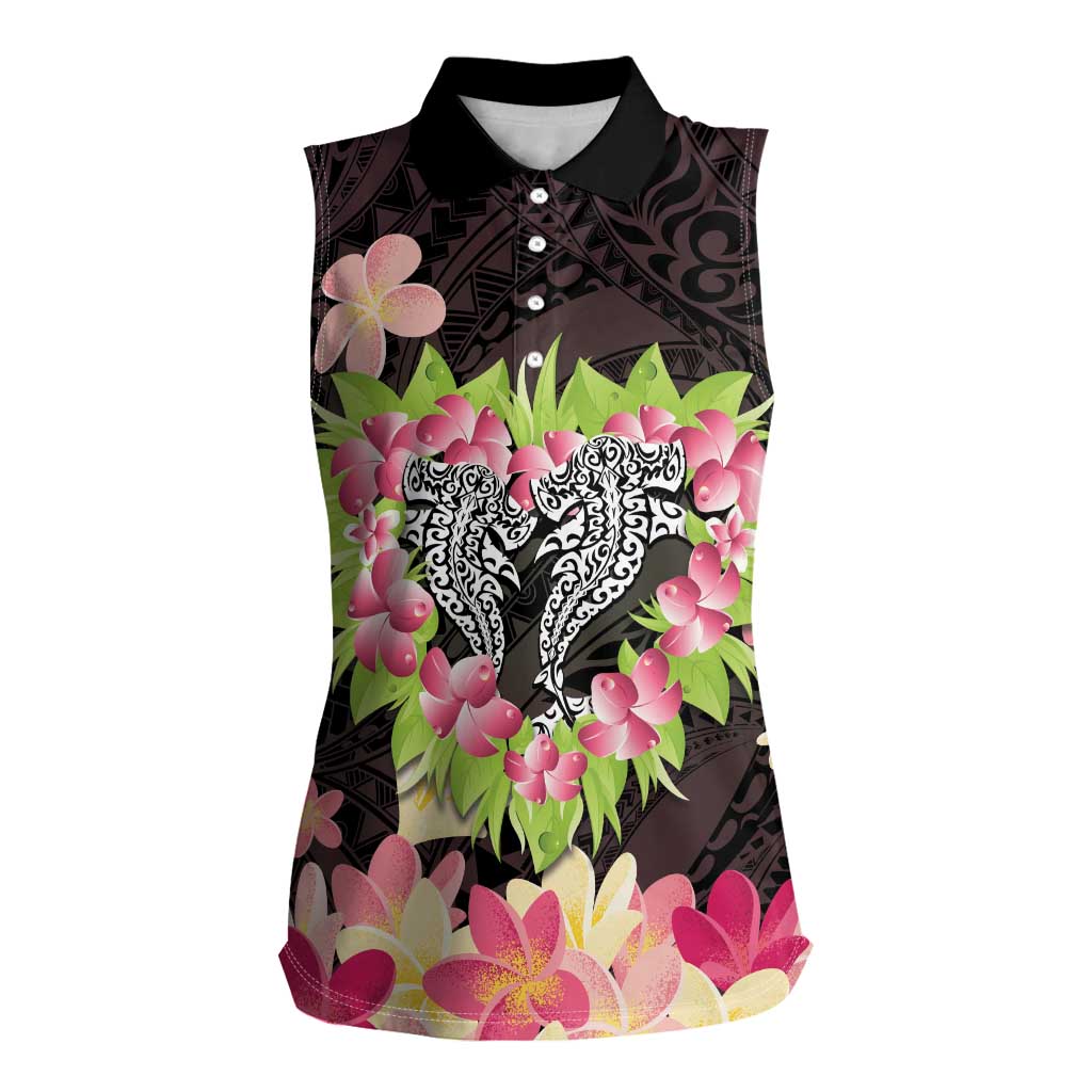 Polynesia Valentine's Day Women Sleeveless Polo Shirt Hammerhead Shark Plumeria With Polynesian Pattern LT14 Female Black - Polynesian Pride