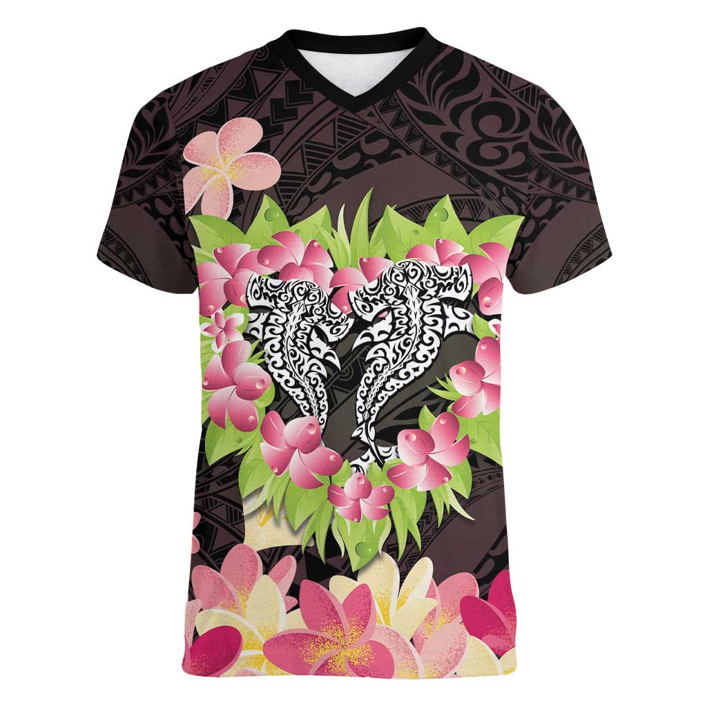 Polynesia Valentine's Day Women V-Neck T-Shirt Hammerhead Shark Plumeria With Polynesian Pattern LT14 Female Black - Polynesian Pride