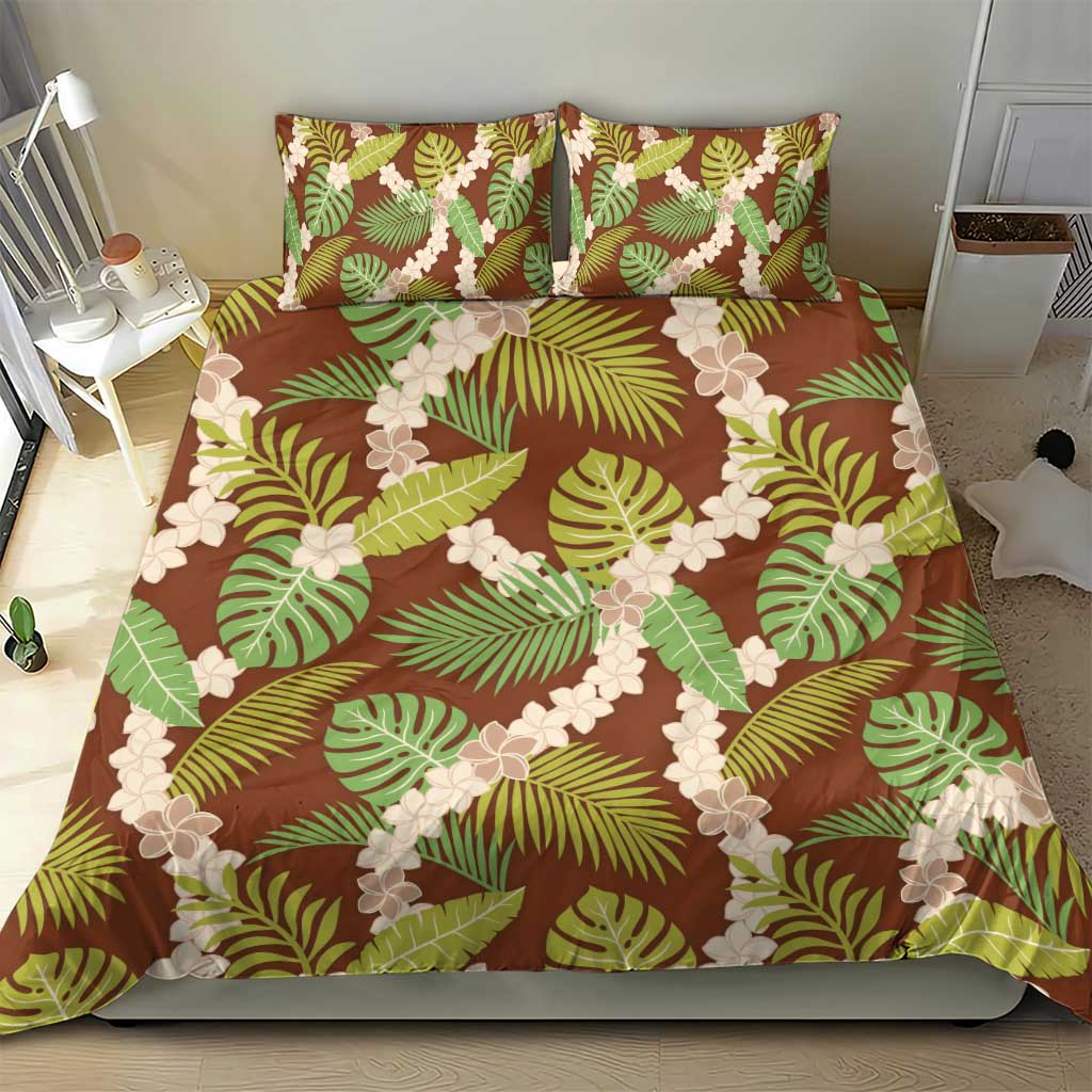 Brown Hawaii Plumeria Lei With Tropical Leaves Bedding Set
