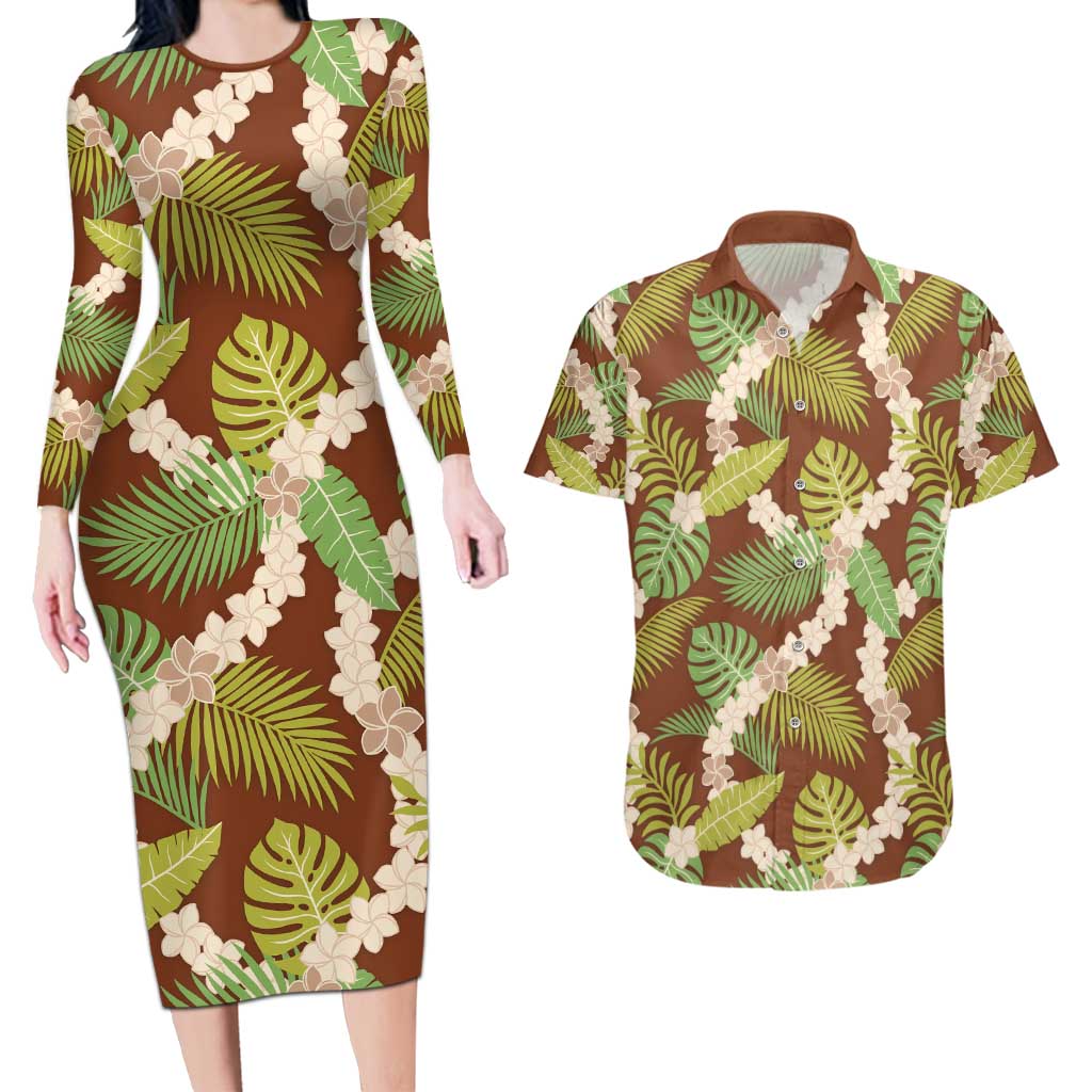 Brown Hawaii Plumeria Lei With Tropical Leaves Couples Matching Long Sleeve Bodycon Dress and Hawaiian Shirt